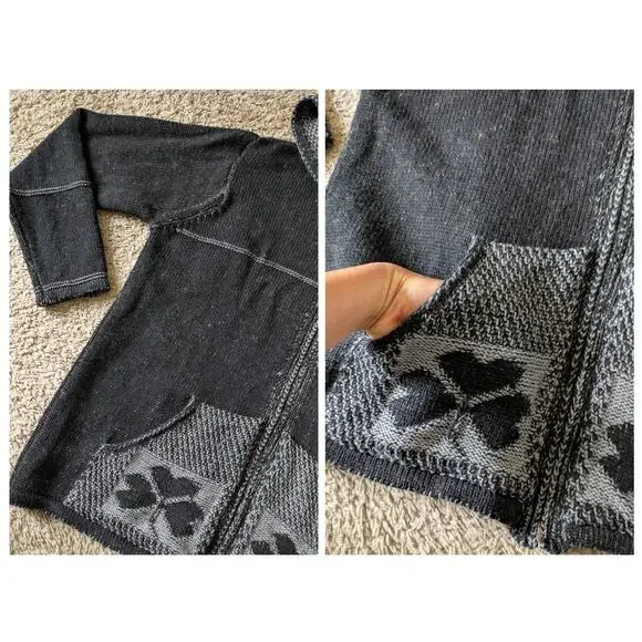 Aran Crafts Hoddie Sweater Full Zip Womens L Black-Gray Merino Wool Shamrock - Picture 5 of 9